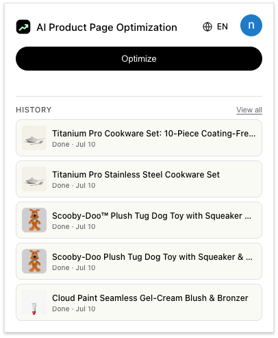 Chrome extension popup showing Optimize button and optimization history